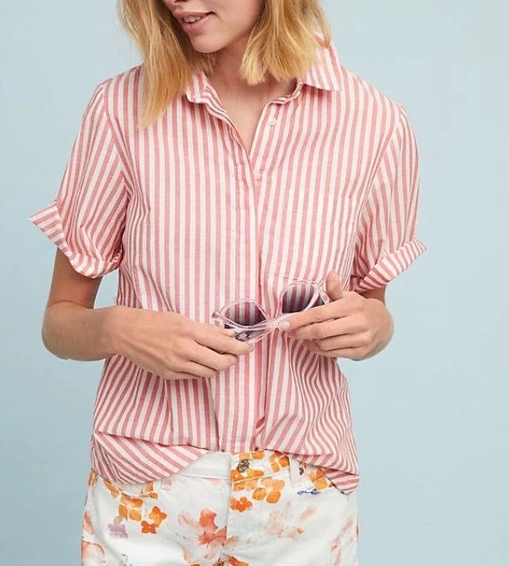 Anthropologie Bethany Red White Striped Belted Cotton Shirt L